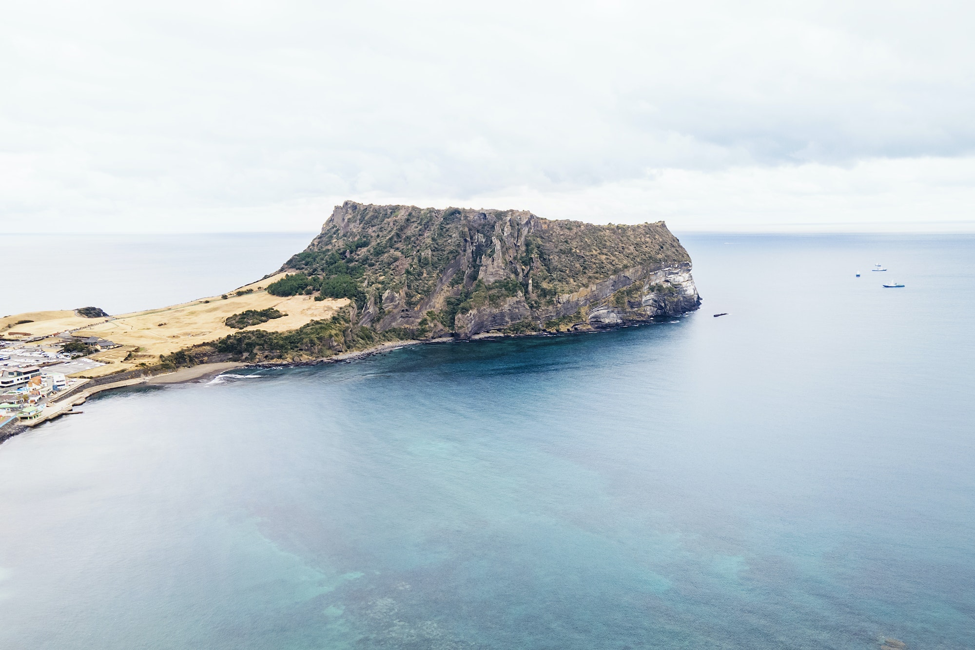 Aerial view of Seongsan Ilchulbong, tourist attraction in Jeju island South Korea.