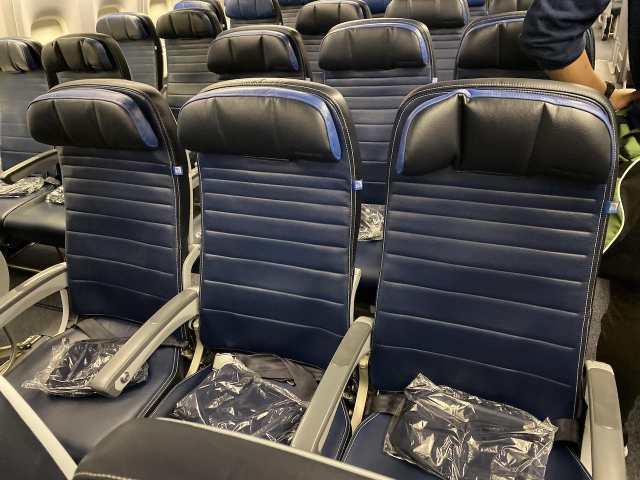 A row of blue leather United Airlines economy class seats with adjustable headrests, often occupied by travelers earning or redeeming frequent flyer miles.