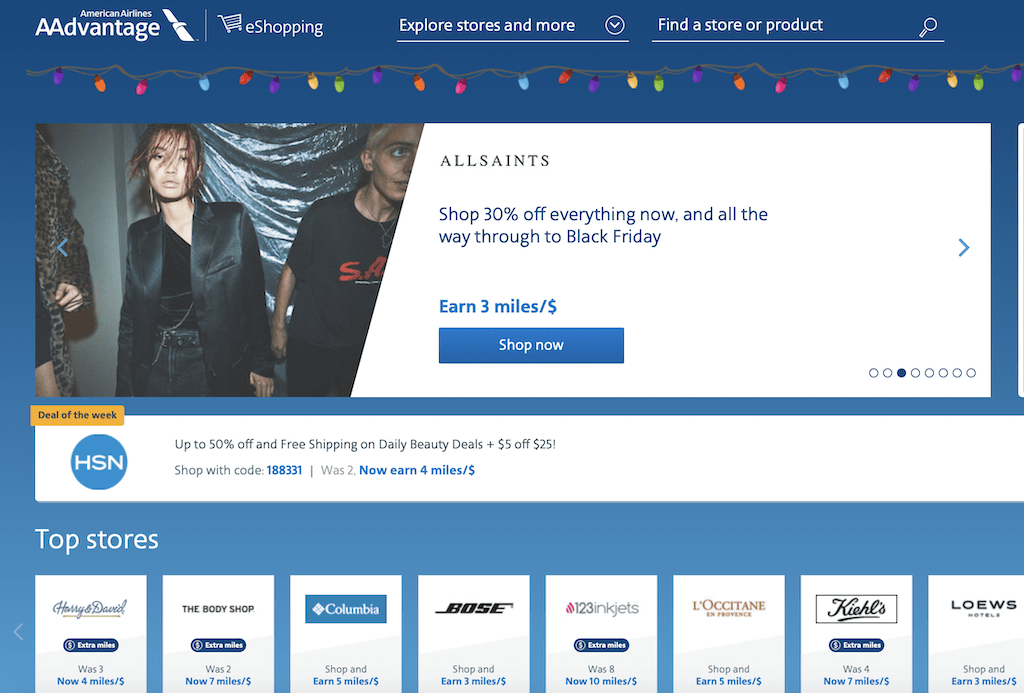 The AAdvantage eShopping portal showing various retail deals and ways to earn frequent flyer miles for future travel.