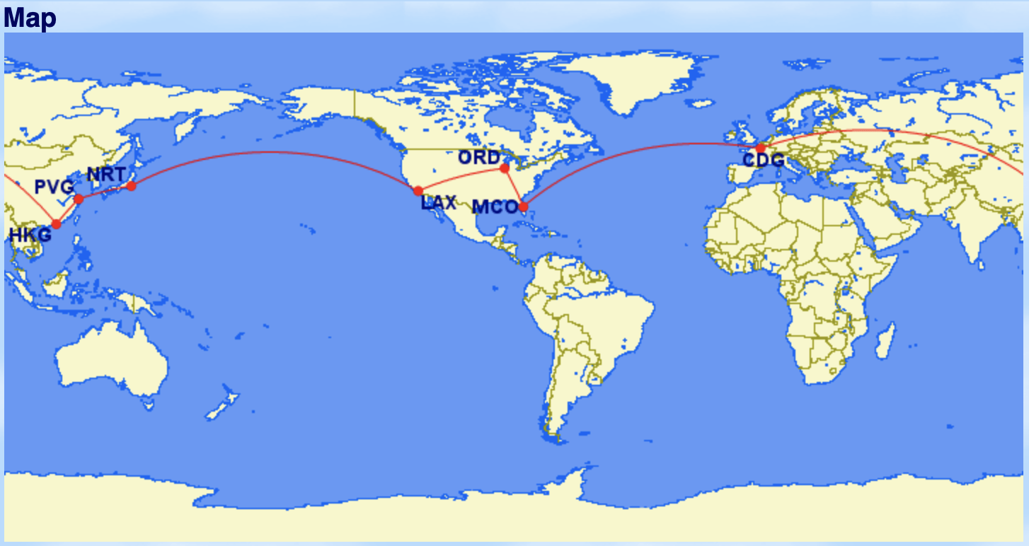 A world map illustrating a global flight route with red lines connecting major airport hubs including HKG, NRT, LAX, MCO, and CDG, frequently used by disney travel agents to coordinate international trips.