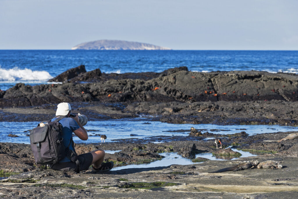 Photographer capturing wildlife on the rocky shores of Santiago Island while traveling to the Galapagos island.