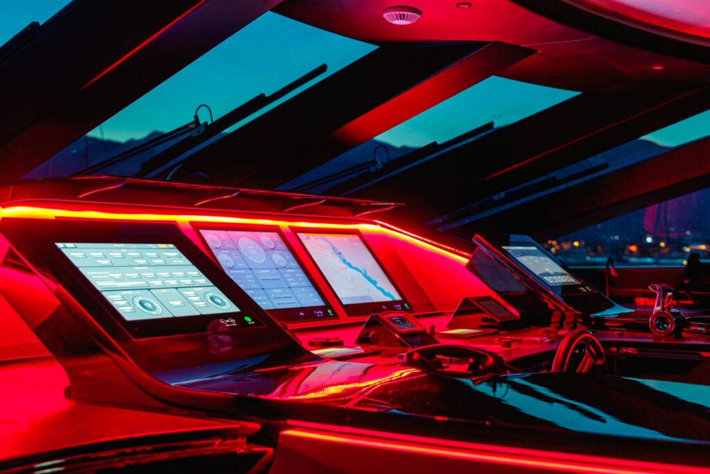 Modern luxury cruise bridge with touchscreen navigation ready for a high-tech sea adventure.