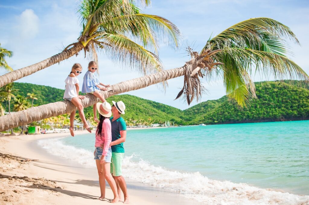 Family with two kids enjoying a tropical beach vacation, sitting under a palm tree overlooking the turquoise ocean, highlighting family travel and island getaway.