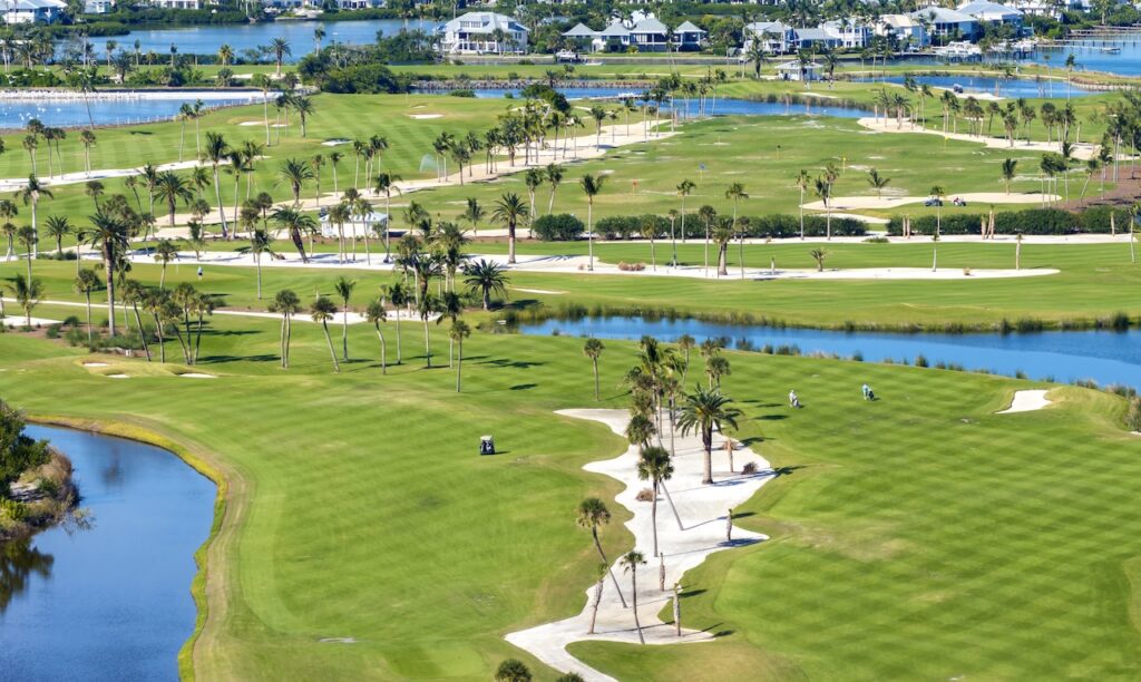 Aerial view of a luxurious tropical golf course with palm trees, water hazards, and perfectly manicured greens, highlighting resort sports and travel.