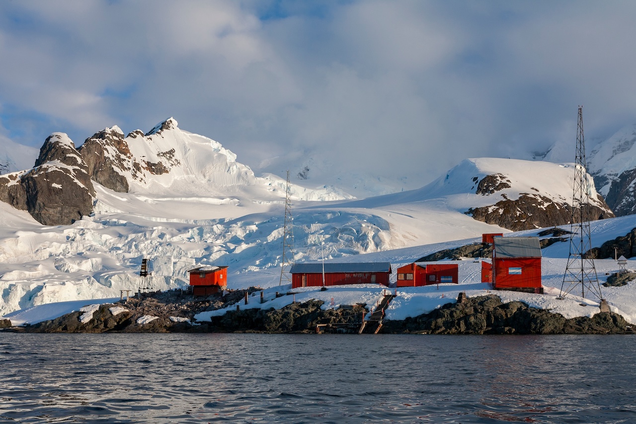 Antarctic research station seen from an expedition ship