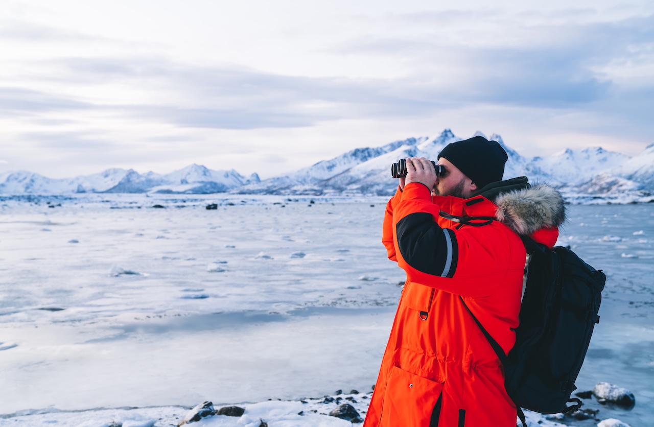 Traveler watching Antarctic wildlife with binoculars